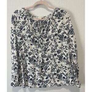 Lucky Brand Women Blouse Top L/G Multicolor Floral Peasant Tie Neck Boho Hippie